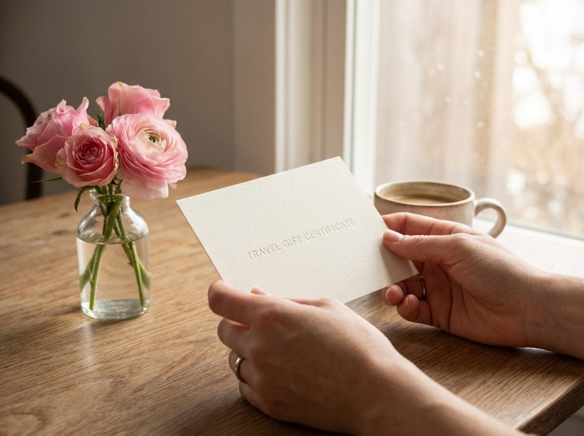 Mother reading a travel gift certificate